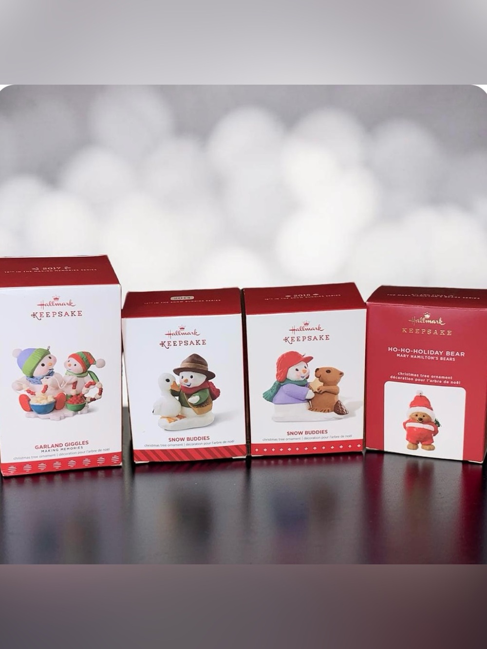 Hallmark Ornament Lot, 2 Snow Buddies, Ho-Ho Holiday Bear, & Garland Giggles NIB